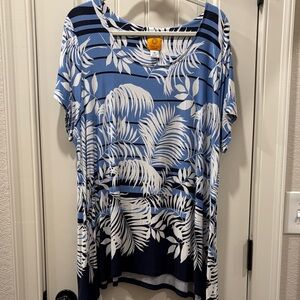 Blue + White Leaf Print Women's Top